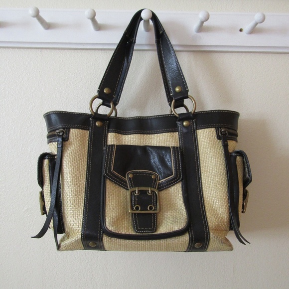 Coach Handbags - Large Straw and Leather Coach Bag